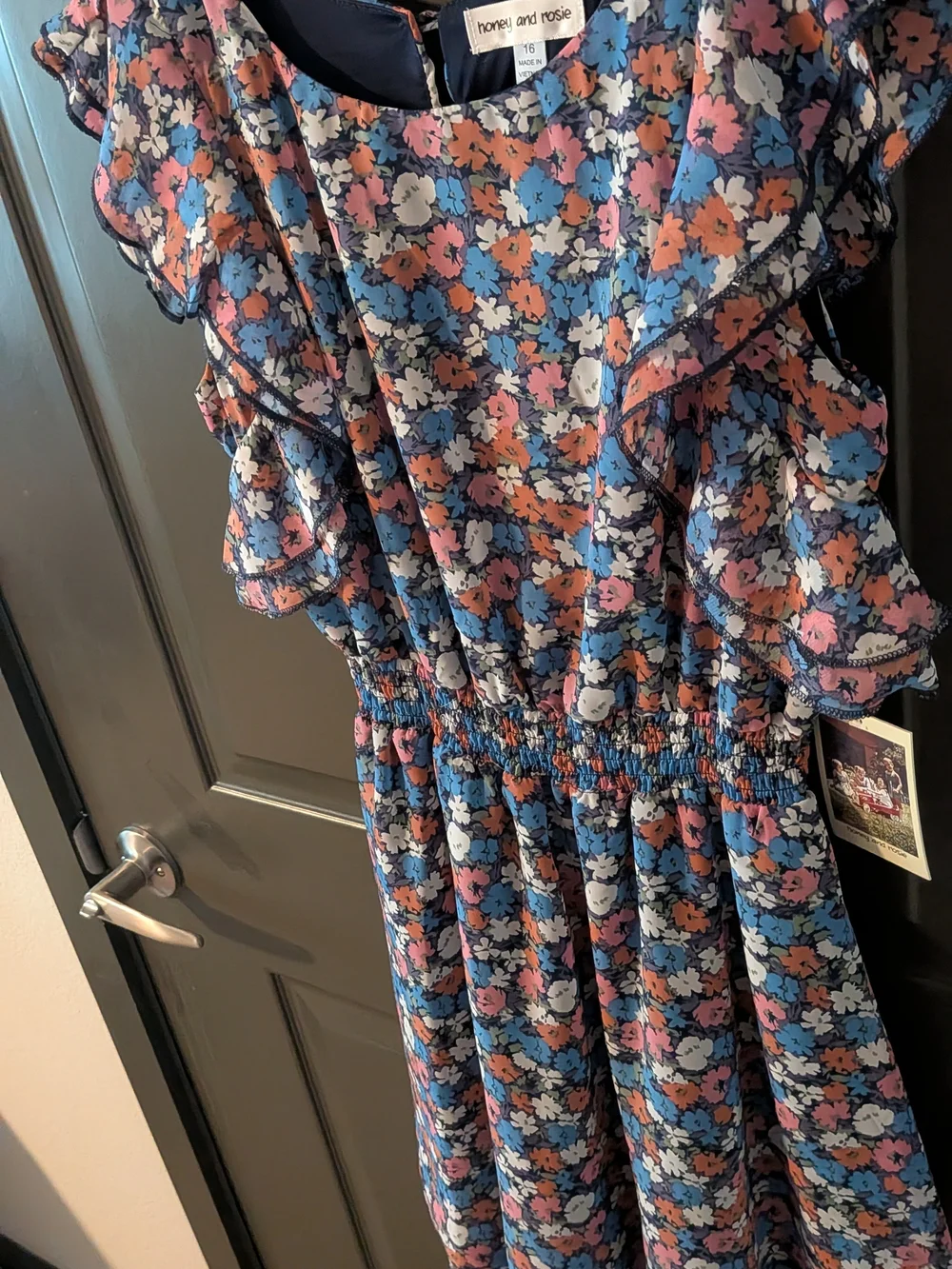 Flowers and Ruffles Smocked Waist Kids Dress - Blue/Pink